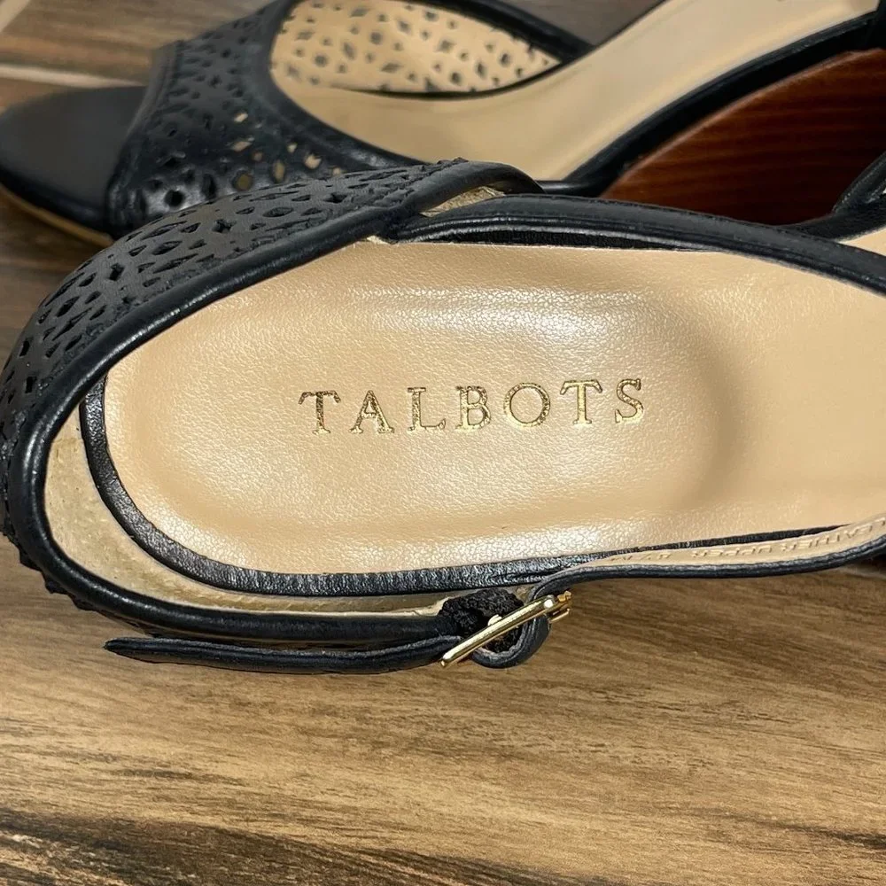Talbots Womens Sz 8.5 Shoes Black Leather Open Toe Mary Jane Comfort Wedge